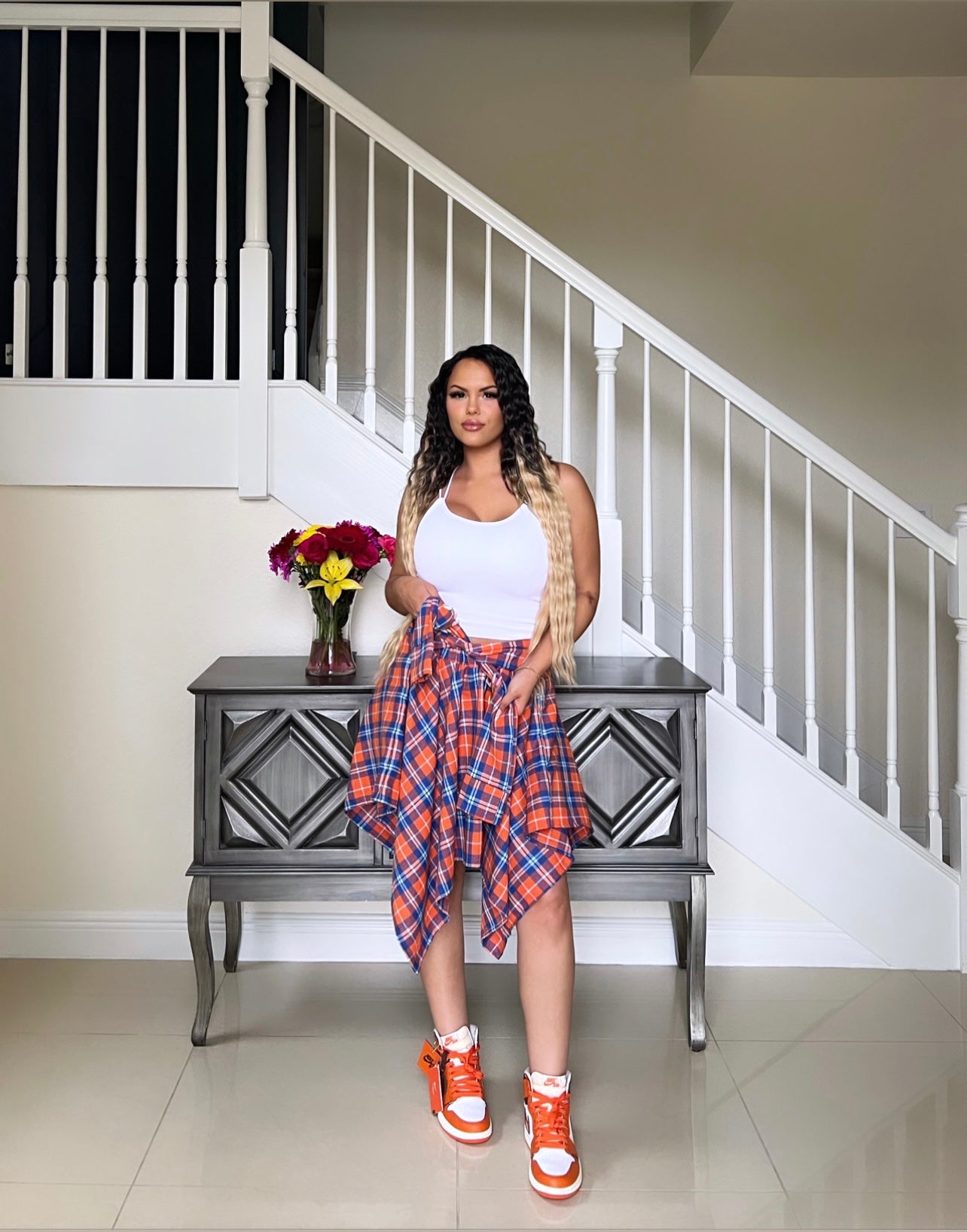Ara plaid shirt skirt orange