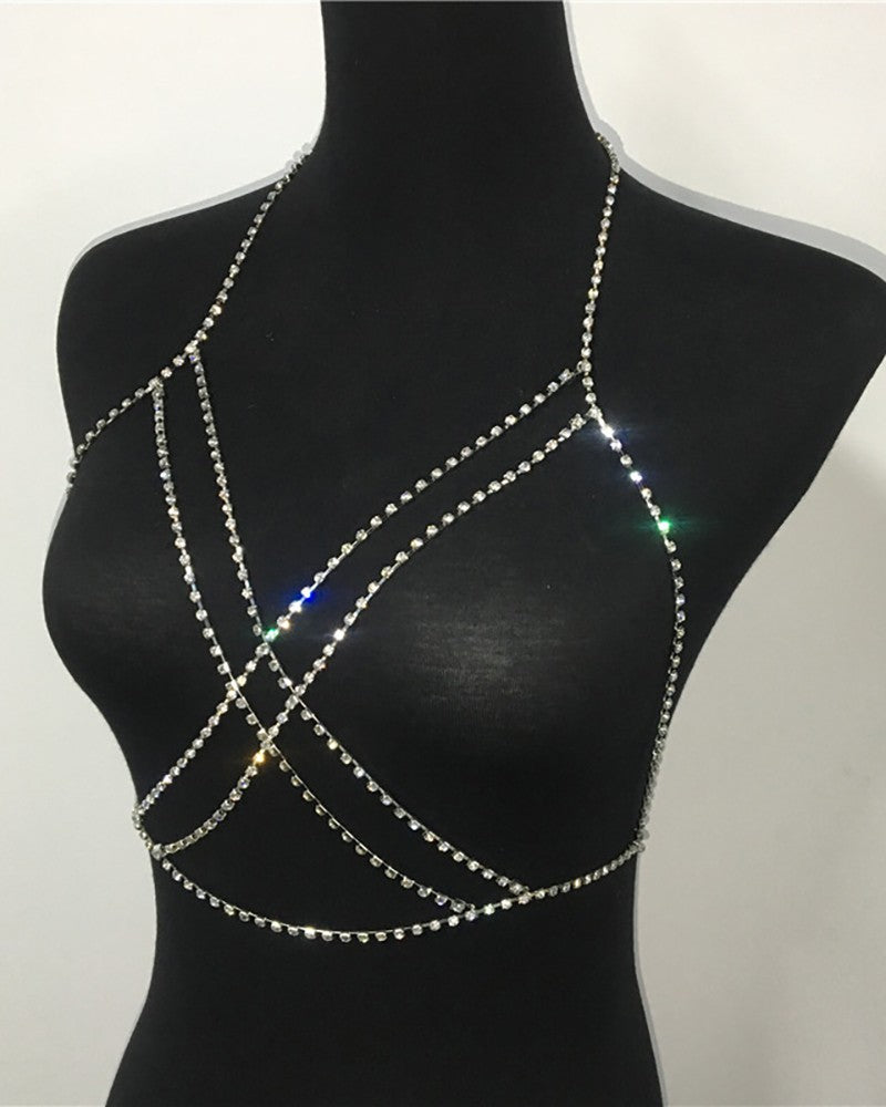 Silver Criss Cross Rhinestone Body Chain (One Size)
